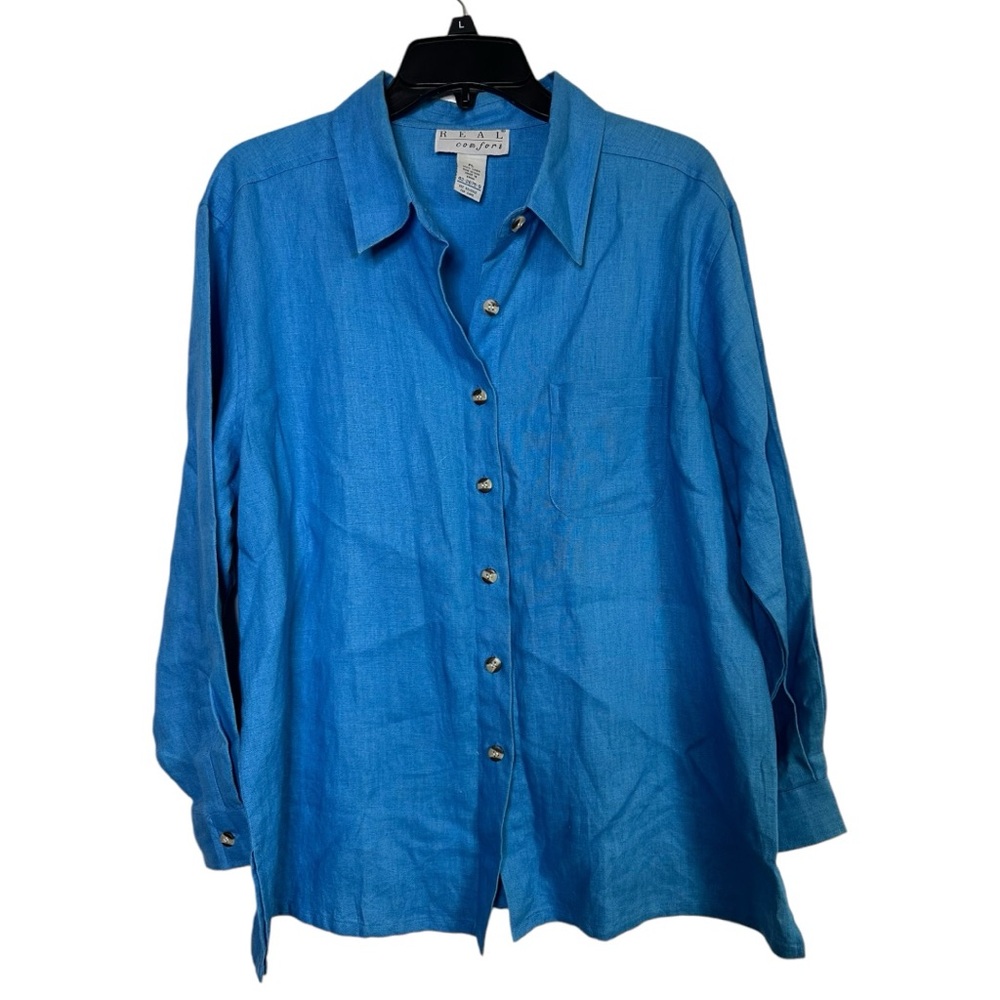 Real Comfort 100% Linen Blue Casual Collared Button Down Shirt Size Petite Large